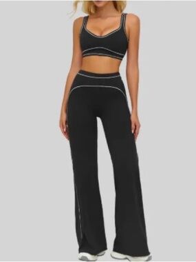 Women's Black High-Waist Flare Pants with Contrast Stitching